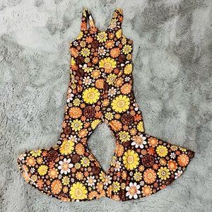 Retro Girl Floral Print Sleeveless Bell Bottom Jumpsuit